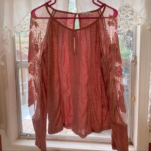 Lucky Brand Burnt Aumbre Sheer Sleeved Blouse  L